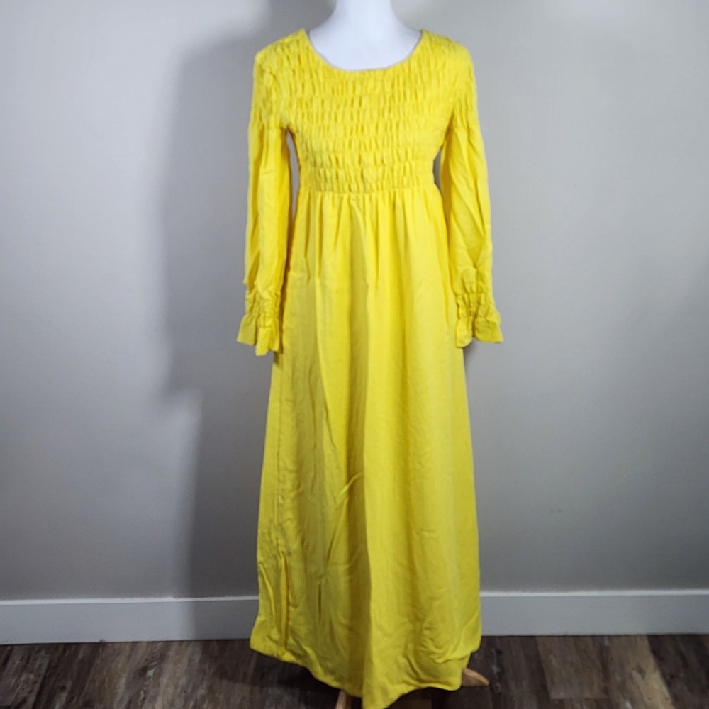 Vintage 70s Smocked Maxi Dress Womens XS Yellow Long Sleeve Cottage Prairie